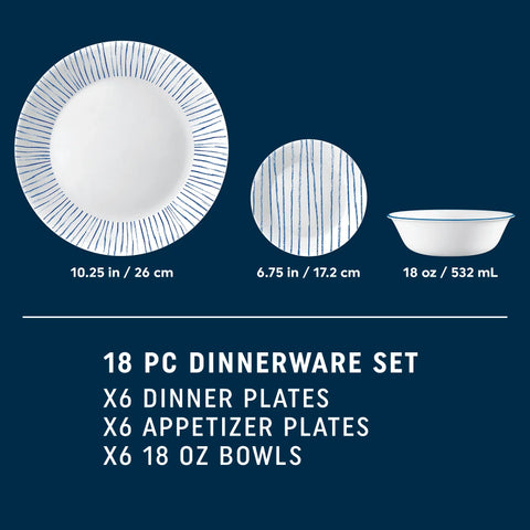 Corelle® Nautical Stripes 18-piece Dinnerware Set, Service for 6