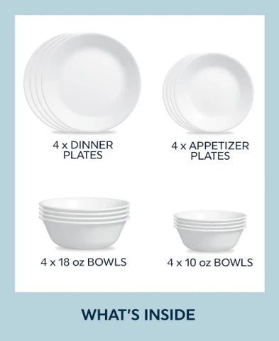 Corelle® Winter Frost White 16-piece Mugless Dinnerware Set, Service for 4
